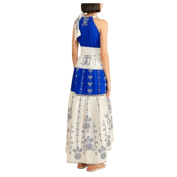 Farm Rio NWT SZXL The Jungle Scarf Blue White Embroidered Halter Maxi Dress Belt - Picture 3 of 16